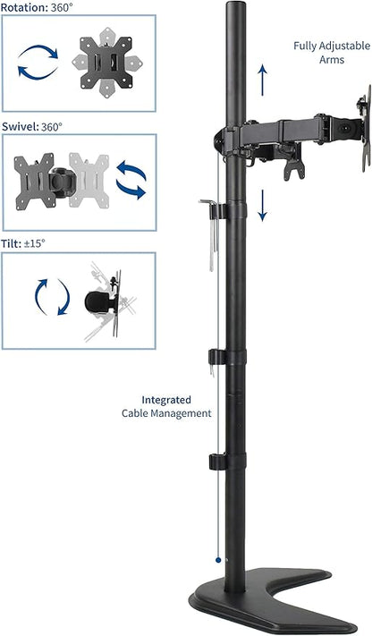 VIVO Dual 13 to 27 inch LED LCD Monitor Free-Standing Desk Stand, Holds 2 Screens, Heavy-Duty Fully Adjustable Arms with Max VESA 100x100mm, Extra Tall 40 inch Pole, Black, STAND-V012F