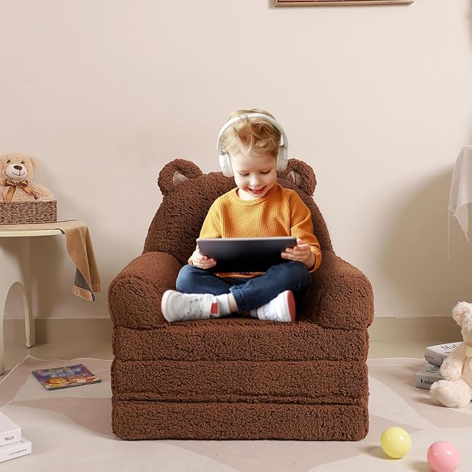Foldable Sofa for Kids, Sherpa Teddy Bear Toddler Couch With Tri Folding Foam Cushions, Comfy for Ages 3-6