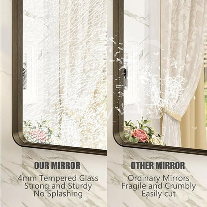 28x36 Bronze Framed Mirror, Brushed Bronze Metal Bathroom Vanity Mirror for Wall, Modern Rectangle Mirror, Rounded Corner, Anti-Rust, Tempered Shatterproof (Horizontal/Vertical)