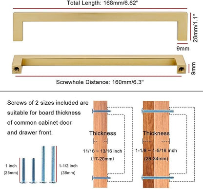 KOOFIZO 30-Pack Solid Square Bar Cabinet Handle - Brushed Gold Furniture Pull, 6.3 Inch/160mm Screwhole Distance for Kitchen Cupboard Door, Bedroom Dresser Drawer, Bathroom Wardrobe Hardware