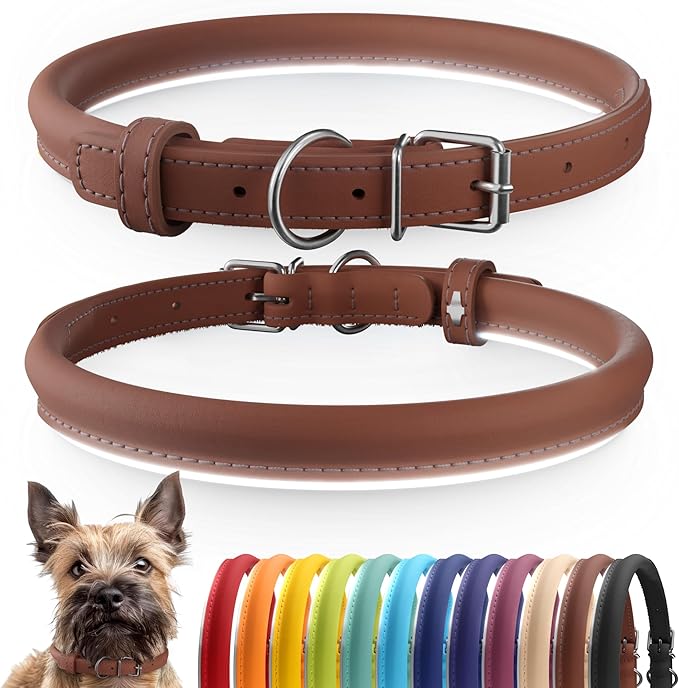 CollarDirect Rolled Leather Dog Collar, Soft Padded Round Puppy Collar, Handmade Genuine Leather Collar Dog Small Large Cat Collars 13 Colors (6-7 Inch, Cinnamon Smooth)