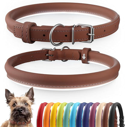CollarDirect Rolled Leather Dog Collar, Soft Padded Round Puppy Collar, Handmade Genuine Leather Collar Dog Small Large Cat Collars 13 Colors (6-7 Inch, Cinnamon Smooth)