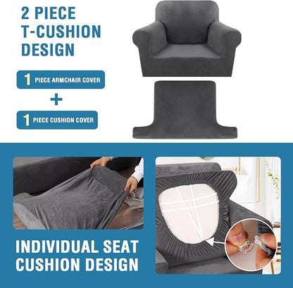 H.VERSAILTEX Sofa Cover 2 Piece T Cushion Armchair Slipcovers Thick Velvet Couch Cover Furniture Protector Stretch T Cushion Sofa Covers for 1 Cushion Couch with 1 Individual T Cushion Covers, Grey