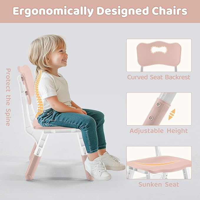 Kids Table & Chairs Set (2 Chairs) Height Adjustable for Ages 2-8 | Non-Slip Toddler Activity Table with Wipe-Clean Desktop, Montessori Learning & Art Drawing Table for Home Preschool