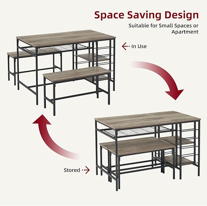 IDEALHOUSE Dining Table Set for 4, Kitchen Table Set for 4 with 2 Benches, Rectangular Dining Room Table Set with Wine Rack, 3 Piece Dining Table Set for Small Space Apartment, Grey