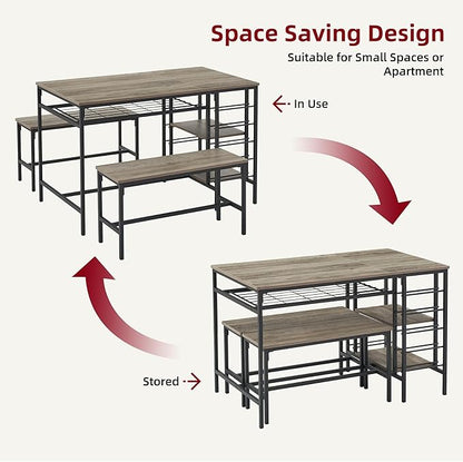 IDEALHOUSE Dining Table Set for 4, Kitchen Table Set for 4 with 2 Benches, Rectangular Dining Room Table Set with Wine Rack, 3 Piece Dining Table Set for Small Space Apartment, Grey
