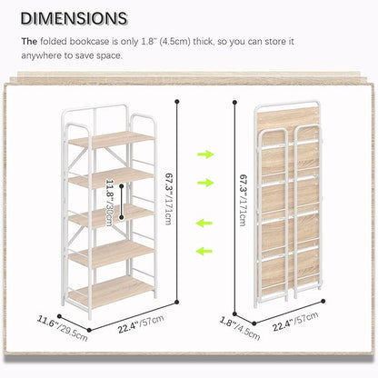 4NM No Assembly Folding Bookshelf 5 Tiers Vintage Industrial White Book Shelf Metal Foldable Storage Bookcase and Bookshelves for Living Room,Bedroom and Kitchen - Natural