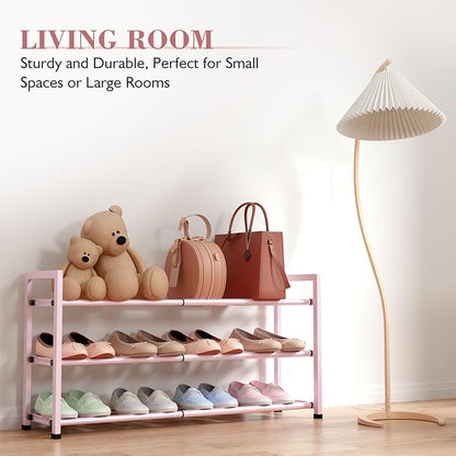 Bumusty 3-Tier Expandable Shoe Rack for Closet, 18“-33” Adjustable Shoe Rack for Small Space, Small Shoe Organizer for Front Door, Sturdy Metal, Pink