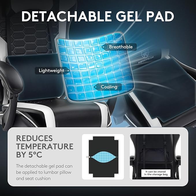 Gaming Chair,Computer Office Chair with Footrest,Massage Lumbar Support and Gel Pad,Ergonomic Reclining Adjustable Leather Gamer Chair with Headrest and Spring Cushion Black White