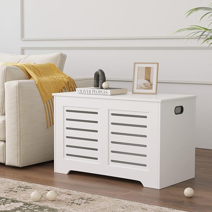 DINZI LVJ Storage Chest, Flip-top Wooden Toy Box Organizer with 2 Safety Hinges, Entryway Shoe Bench, Good Ventilation, Storage Bench for Living Room, Bedroom, Easy Assembly, White