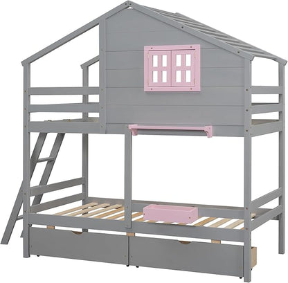 Ball & Cast Twin Over Twin Size Bunk Bed with 2 Drawers and 1 Storage Box,Playhouse Wood Bunkbed w/Window & 1 Shelf,Slat Support,Space Saving,Bedroom Furniture for Student Dorms,Gray