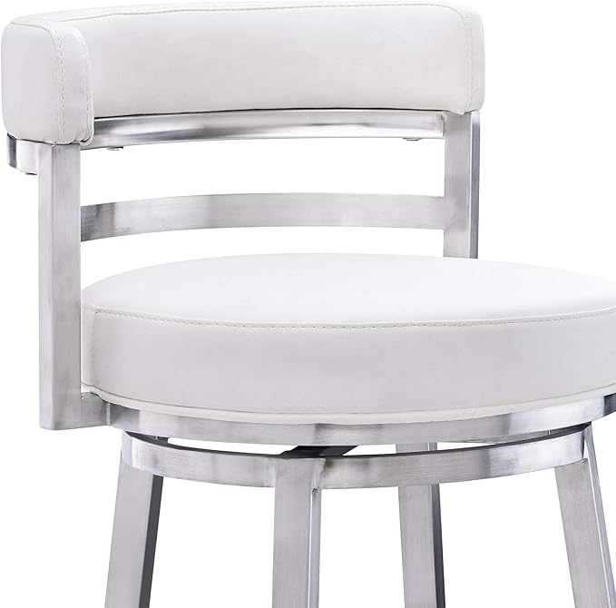 Armen Living Titana 30" Bar Height Swivel White Faux Leather and Brushed Stainless Steel Bar Stool