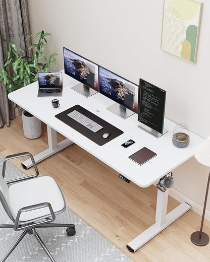 Standing Desk, Large Height Adjustable Electric Stand up Desk, 55 x 24 Inches Sit Stand Home Office Desk, with Splice Board, White Frame/White Top