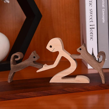 Cat Figurines Home Decor Nature Wood Carved a Man Two Cats Sculpture