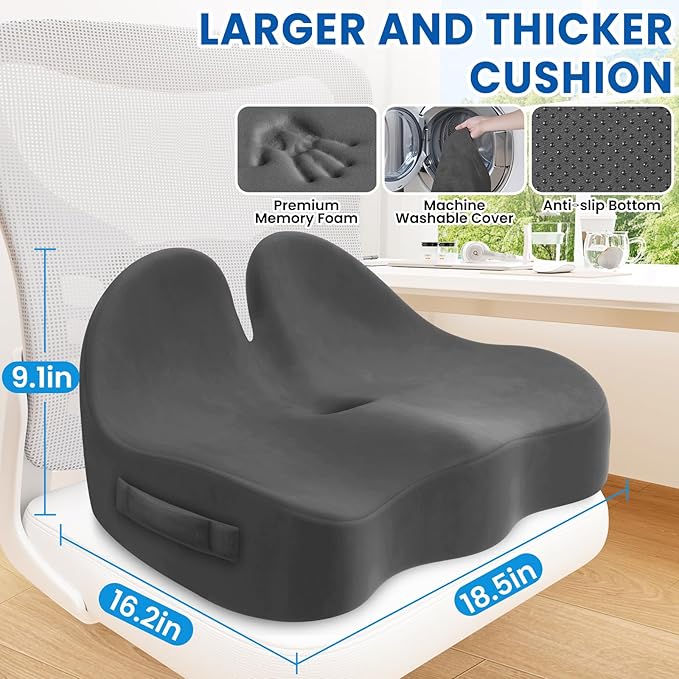 Seat Cushion, Chair Cushions for Office Chairs/Desk Seats/Wheelchair - Hip&Sciatica&Tailbone Pain Relief Memory Foam Office Chair Cushion for Long Sitting Office Workers, Grey