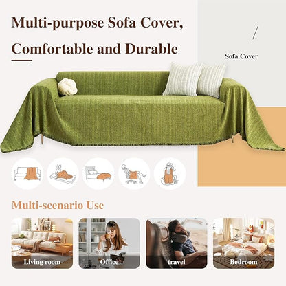 Nobildonna Sofa Cover Washable Soft Thicken Chenille Couch Cover with Tassel,Waterproof Sofa Slipcovers for 2 Cushion Couch,Loveseat,Futon Couch Furniture Protector Pet-Friendly,Yellow Green 71"x102"