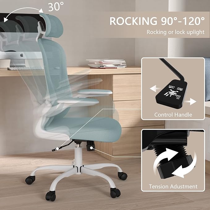 Office Chair, High Back Ergonomic Desk Chair, Breathable Mesh Desk Chair with Adjustable Lumbar Support and Headrest, Swivel Task Chair with flip-up Armrests, Executive Chair for Home Office