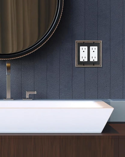 2-Pack Double Decorator Outlet Cover Plate, Pearls Decorative Switch Plates and Outlet Covers, 2 Gang Aged Bronze Metal Wall Plates, Corrosion Resistant