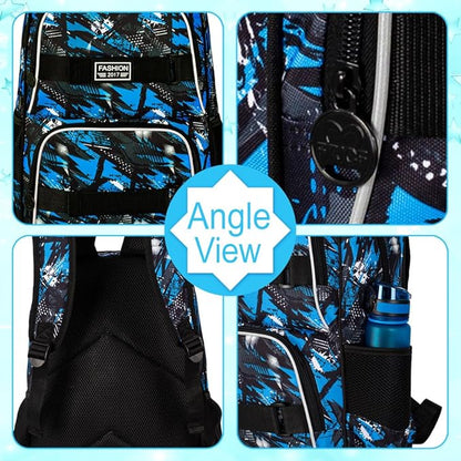 3PCS Boys Backpack, 17" Water Resistant School Bag with Lunch Box, Cute School Bag Set for College Teenagers High Middle Elementary - Graffiti Blue