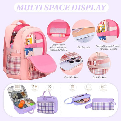 3PCS Girls Backpack Set for School - Cute Kids Bookbag with Lunch Box & Pencil Case, Stylish Backpack Combo for Girls Preschool Elementary Middle High School Students Teens Purple