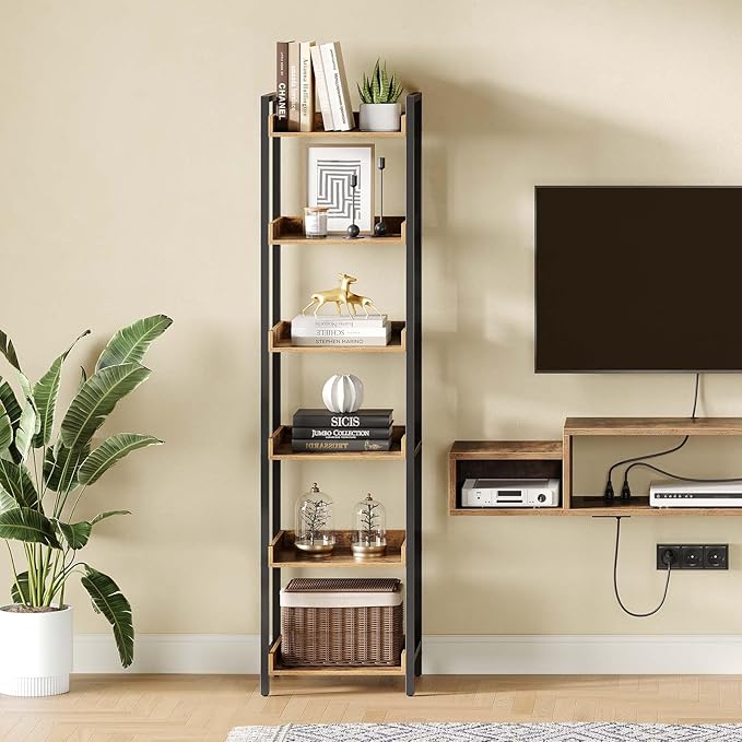 Rolanstar Bookshelf, 6-Tier Storage Rack, Narrow Corner Bookshelf, Display Wooden Shelves for Living Room, Bathroom, Balcony, Kitchen,Rustic Brown