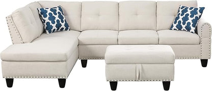 Ball & Cast 98" L Shaped Sectional Couch for Living Room with Storage Ottoman & Nailhead Trim,4 Seat Linen Upholstered Modular Sectional Sofa Set 3 PCS W/Chaise & Cup Holders,for Home,Office,Beige