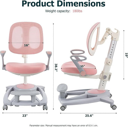 Ergonomic Kids Desk Chair with Footrest & Height-Adjustable Seat, Multifunctional for Study, Work & Dining – Comfy Cushion & Smooth Wheels for Boys & Girls （Pink）