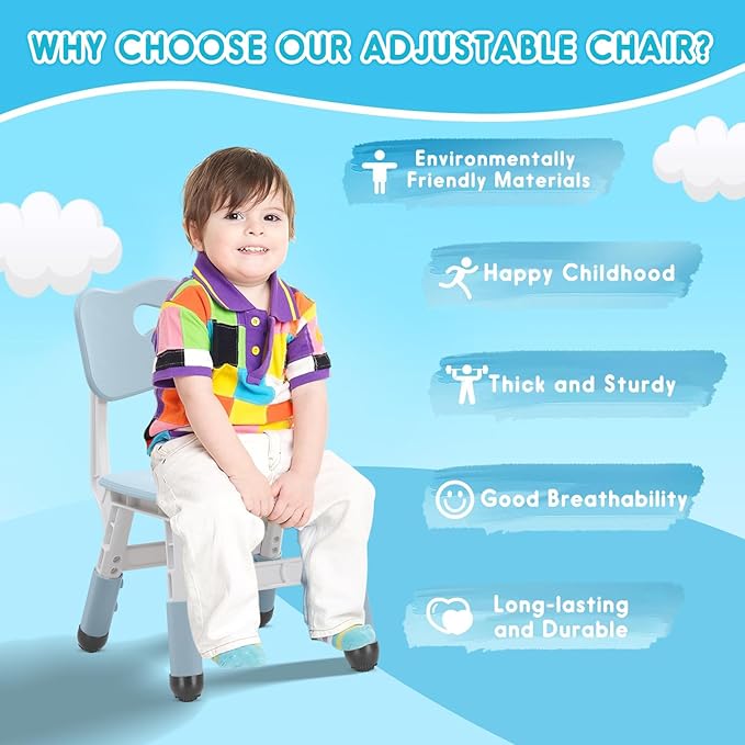 Kids Height Adjustable Toddler Chair Max Load 220LBS Plastic Indoor Outdoor for Children Age 1-6 School Home Daycare Use Bluegrey
