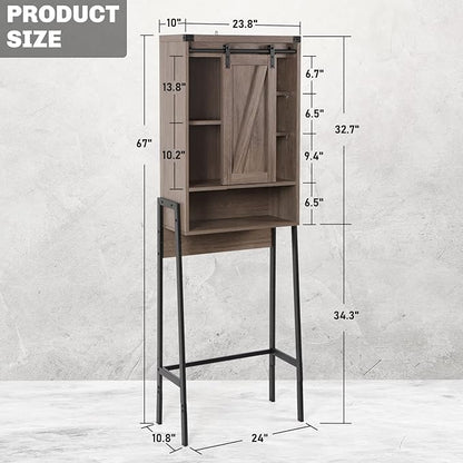 Over The Toilet Storage Cabinet, Behind Toilet Bathroom Organizer with Adjustable Shelves, Above Toilet Organizers with Barn Door, Space Saver for Restroom, Bathroom, Laundry, Grey
