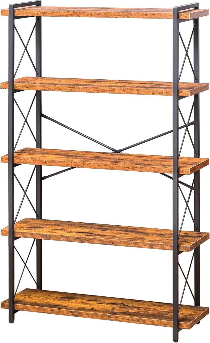 Bookshelf, 5 Tier Book Shelf, Industrial Tall Bookcase for Living Room, Home Office and Kitchen
