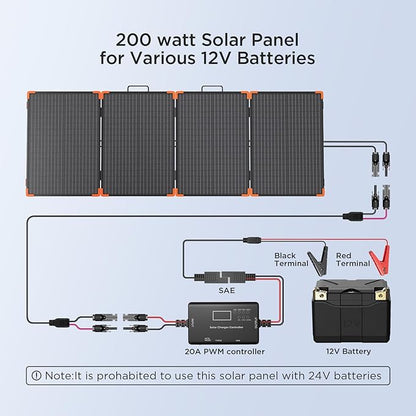 200 watt Portable Solar Panel with 20A PWM Controller,RV Essentials,12V Solar Battery Charger for Power Station,23.5% High Efficiency IP68 Waterproof 4 Kickstands for Camping RV Hurricane