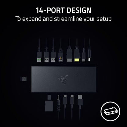 Razer USB 4 Dock: 14 Ports (Type C, Type A, HDMI, DP, Ethernet, SD, 3.5mm) - Dual Monitor Up to 4K 120 Hz - Laptop & Phone Fast Charge - Durable Lightweight Casing - Windows & Mac Compatible - Black