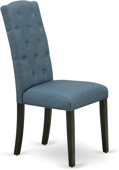 East West Furniture NOCE3-BLK-21 3 Piece Dining Table Set Contains a Rectangle Dining Room Table with Butterfly Leaf and 2 Mineral Blue Linen Fabric Parsons Chairs, 32x54 Inch, Black
