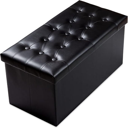 PRANDOM Extra Large Ottoman with Storage [1-Pack] Faux Leather Folding Small Square Foot Stool with Lid for Living Room Bedroom Coffee Table Dorm Black 30.5x15x15 inches
