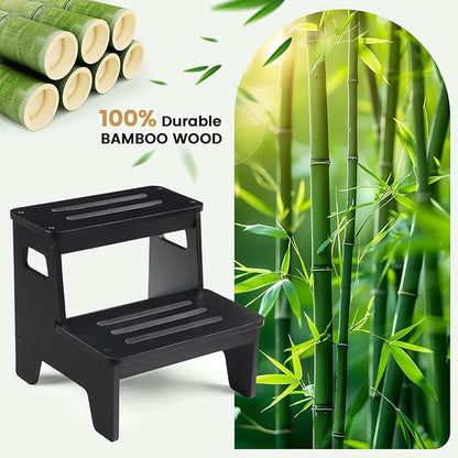 Wooden Step Stools for Kids, Heavy Duty Bamboo 2-Step Stepping Stools for Toddlers, DIY Non-Slip Pads & Handles, for High Bed, Bathroom, Toilet, Kitchen, RV, Black
