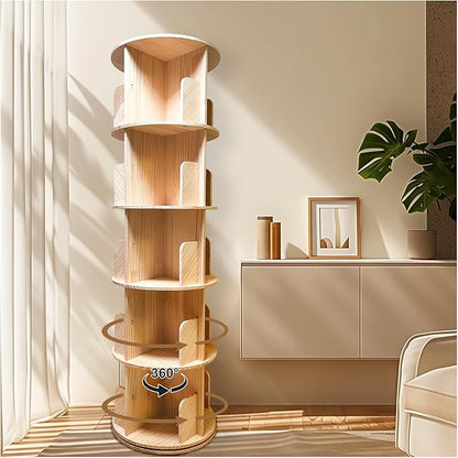 Rotating Bookshelf,360 Display Round 5 Tier Floor Standing Bookcase Storage Rack,Wood Spinning Bookshelf Tower for Bedroom,Living Room
