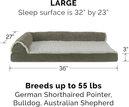 Furhaven Replacement Dog Bed Cover Two-Tone Faux Fur & Suede L Shaped Chaise, Machine Washable - Dark Sage, Large