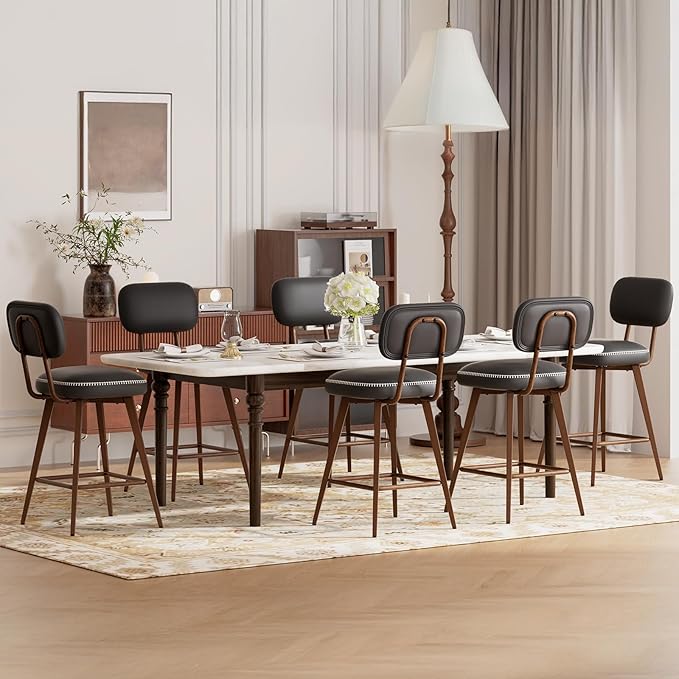 PU Leather Swivel Bar Stools Set of 2, Mid Century Counter Height Bar Chairs with Low Back and Metal Legs, Modern Bar Stool Chair for Kitchen Island, Black