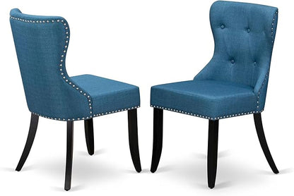 LKSI7-SBB-21-7-Piece Modern Dining Set Consists of a Mid Century Table and 6 Blue Linen Fabric Parson Chairs with Button Tufted Back - Sand Blasting Black Finish