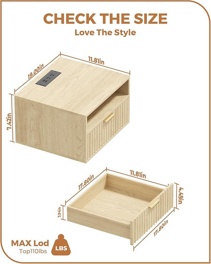 Floating Nightstand Set of 2 - Fluted Night Stand with Charging Station Wood Wall Mounted Nightstand with Drawer & Open Shelf, Modern Bedside Table Large End Table for Bedroom Closet