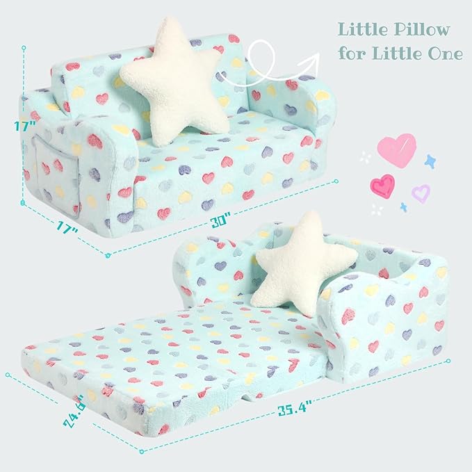 Extra Wider Seating Toddler Couch, 2-in-1 Toddler Soft Couch Fold Out with Star Pillow, Convertible Sofa to Lounger for Girls and Boys
