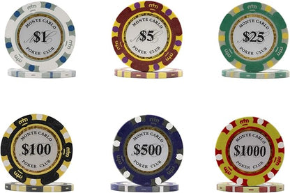 DA VINCI Monte Carlo Poker Club Set of 500 14 Gram 3 Tone Chips with Upgrade Ding Proof Black ABS Case, 2 Decks Plastic Playing Cards, 2 Cut Cards, Dealer and Blind Buttons