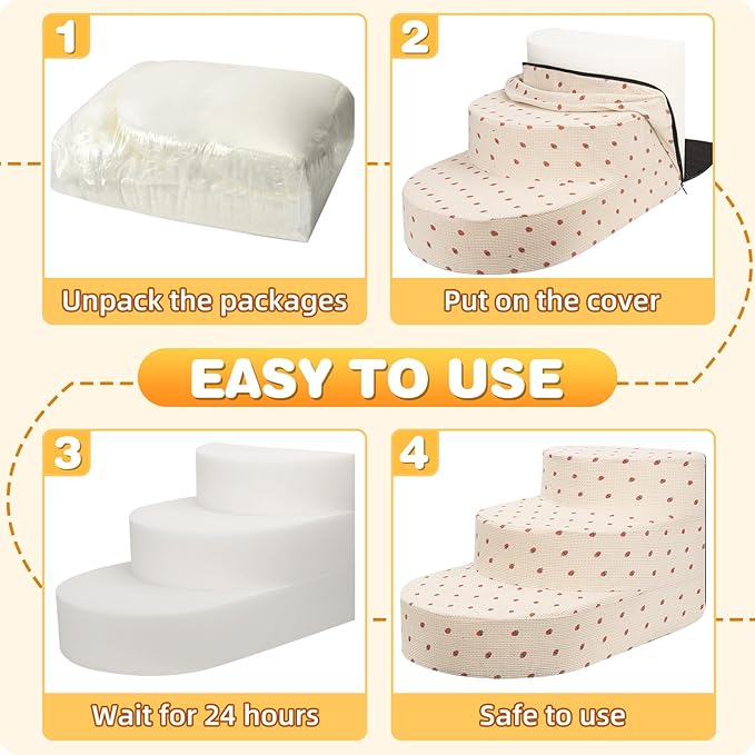 Dog Stairs for Small Dogs, Foam Steps for Small Dogs & Cats, 3 Steps Dog Ramp for High Beds, Couch, Window, Sofa, Pet Stairs with Removable Washable Cover, Non-Slip Sturdy Pet Steps, Strawberry