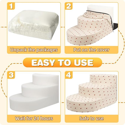 Dog Stairs for Small Dogs, Foam Steps for Small Dogs & Cats, 3 Steps Dog Ramp for High Beds, Couch, Window, Sofa, Pet Stairs with Removable Washable Cover, Non-Slip Sturdy Pet Steps, Strawberry