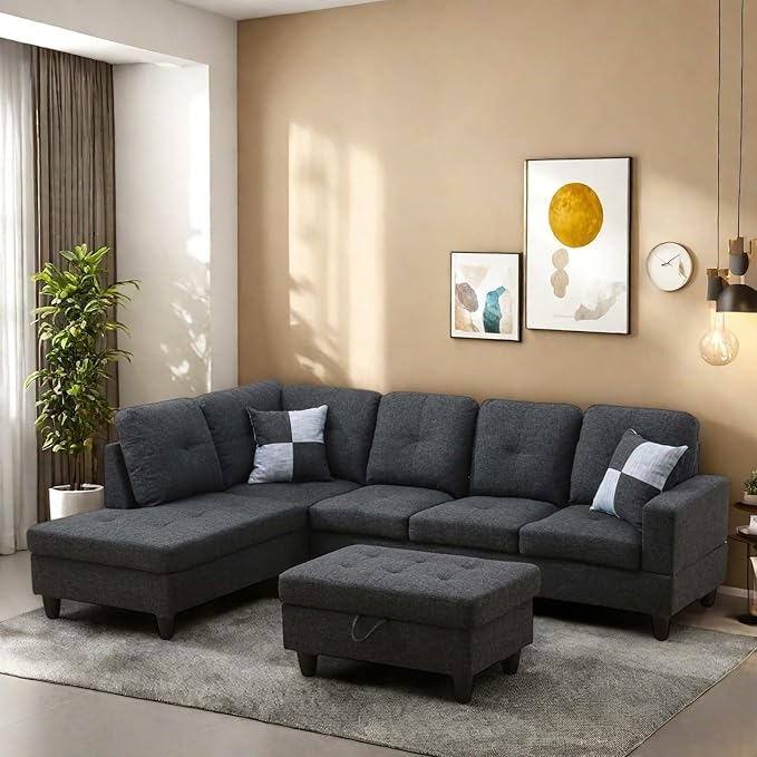 Sectional Couch with Ottoman Storage, L Shaped Sofa Furniture Sets, Modern Modular Couch Comfy Sofa for Living Room Bedroom, Dark Gray