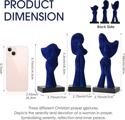 3 Pcs Navy Blue Decor Prayer Statues for Living Room Decor, Flocked Prayer of Peace Figurines Shelf Decor Accents, Abstract Sculptures for Bedroom Bookshelf Coffee Table Decor, Gifts for Women