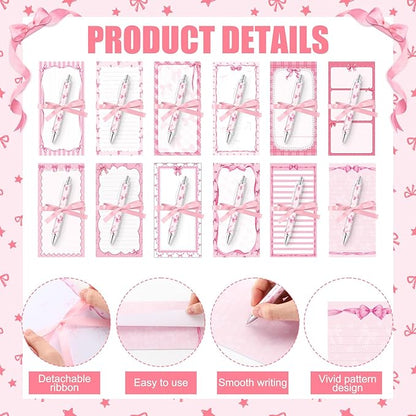 Tellingyou 30 Pcs Pink Bow Sticky Notes with Pens, Cute Memo Pads with Ribbons, 3.9x7.8 Inch to Do List Notepad Set, Bulk Pink Stationery Gifts for Women Coworker Office Supplies Bridal Shower Favors
