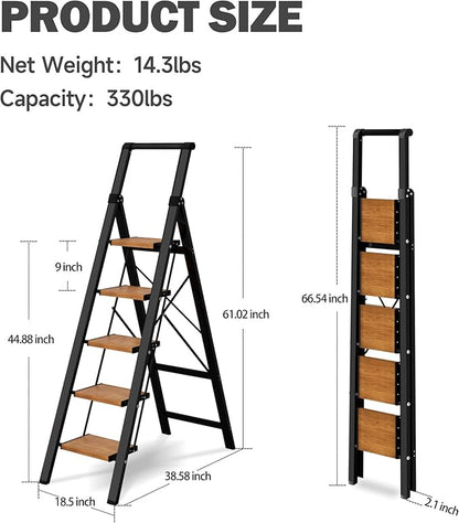 5 Step Ladder, Lightweight Folding Step Stool with Anti-Slip Aluminum Wide Pedal& Convenient Handgrip, 330lbs Capacity Steel Ladder for Household and Office (Black&Woodgrain)