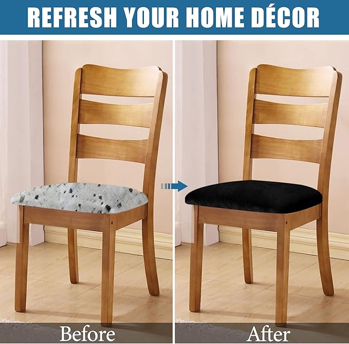 Smiry Velvet Seat Covers for Dining Room Chair Set of 6, Stretch Fit Removable Washable Chair Seat Cushion Protector Slipcovers with Ties, Black