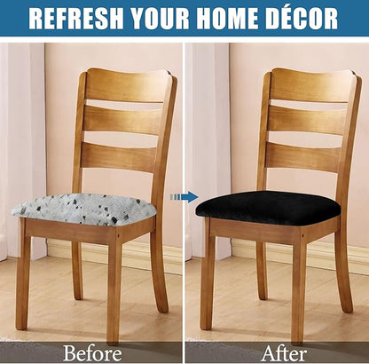 Smiry Velvet Seat Covers for Dining Room Chair Set of 6, Stretch Fit Removable Washable Chair Seat Cushion Protector Slipcovers with Ties, Black